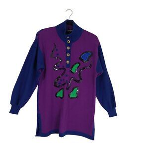 Vintage Louis Feraud Sweater 100% Wool Sequin Design Button Neck Womens Size L